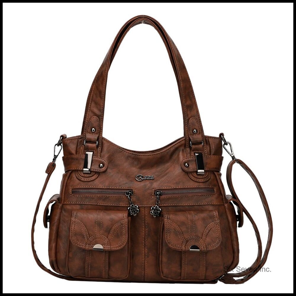 Large Hobo Shoulder Bag Soft PU Leather Multi-Pocket Tote Crossbody Handbag